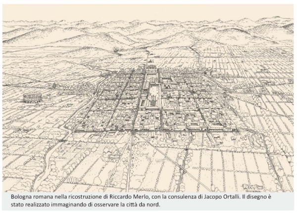 ricostruzione grafica di Bologna romana. Disegno di Riccardo Merlo
