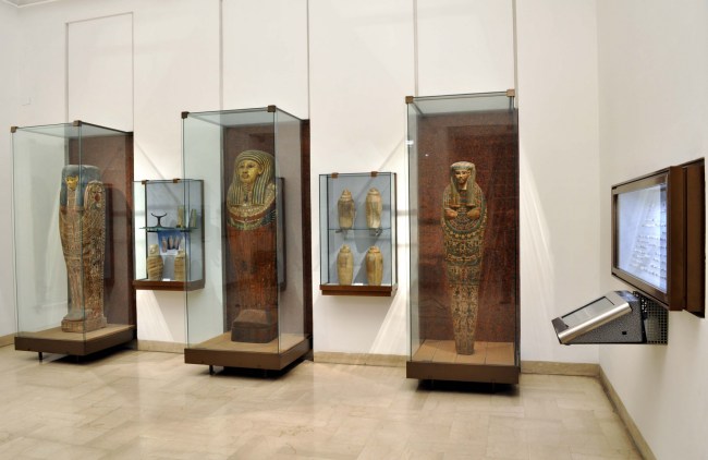 Un angolo della sezione egizia del Museo Archeologico Nazionale di Parma, con sarcofagi, canopi e la vetrina degli scarabei sigillo