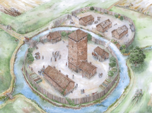 Il castrum di Vicolongo  tra XIII e XIV secolo. Disegno di Anna Rita Bellesia