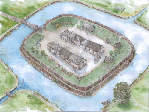 Ricostruzione del castrum tra X e XIII secolo. Disegno di Anna Rita Bellesia