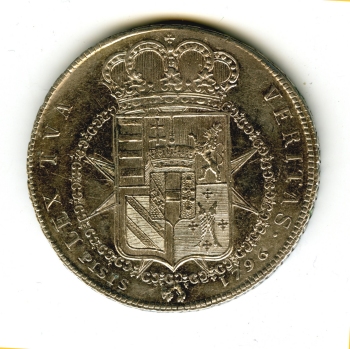 Francescone fiorentino del 1769 con scudo di forma sannitica e scritta "Lex tua veritas"