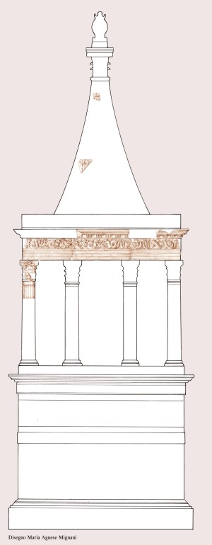 Ricostruzione del monumento funerario con fregi di Modena. Disegno di Maria Agnese Mignani (SBAER)