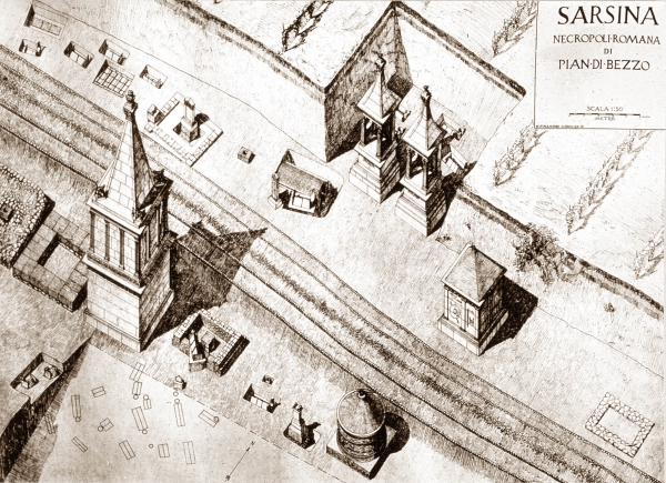 Disegno ricostruttivo della necropoli di Pian di Bezzo realizzato da Traiano Finamore nel 1933